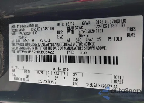 2017 Ford F-150 Xlt из США, поврежденный, VIN 1FTEW1EF2HKE03422